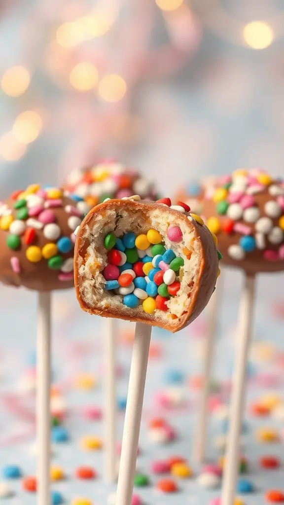 Colorful cake pops with a bite taken out, revealing a mix of cake and candy inside.