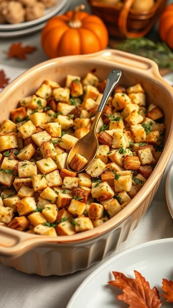 A dish of classic stuffing with sage, golden and crispy on top, served in a baking dish.