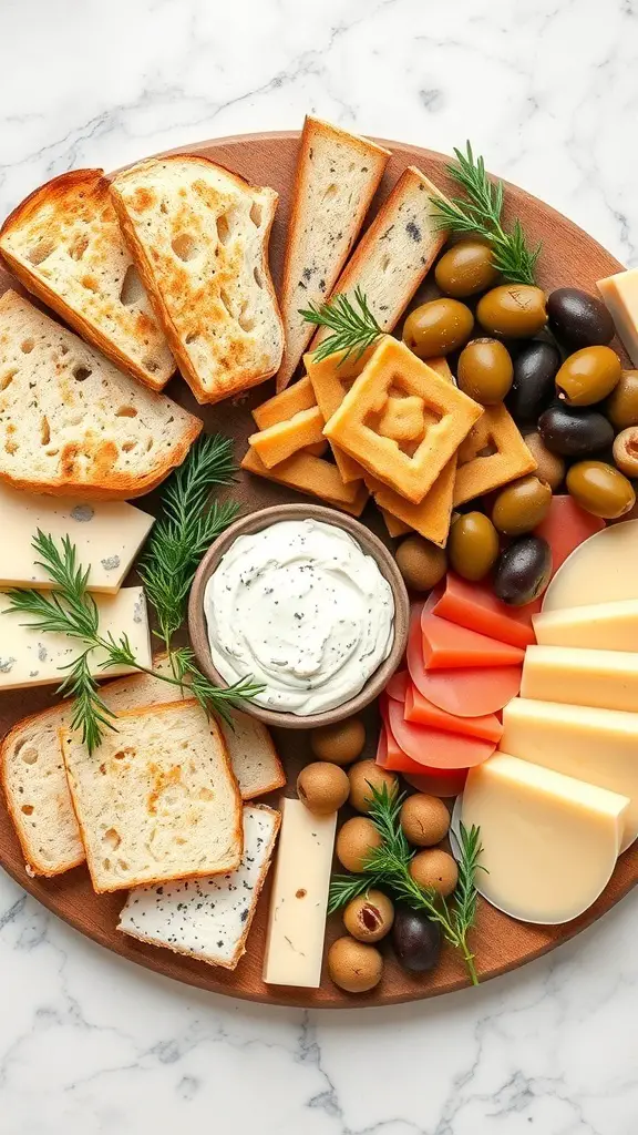 A Mediterranean charcuterie board featuring pita bread, dips, olives, and assorted cheeses.