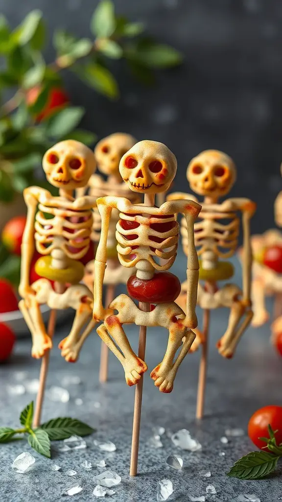 Colorful skeleton veggie skewers made with cherry tomatoes, bell peppers, and olives.