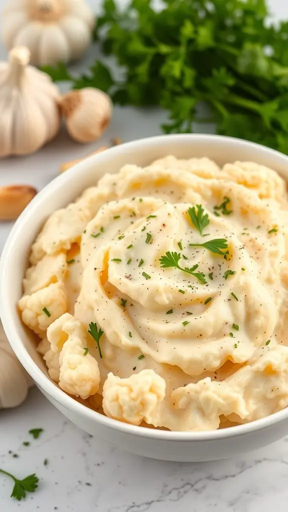 A bowl of creamy garlic mashed cauliflower garnished with parsley, with garlic cloves and fresh parsley in the background.