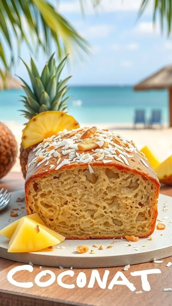 A loaf of Pineapple Coconut Christmas Bread with pineapple slices and coconut on a beachside table.