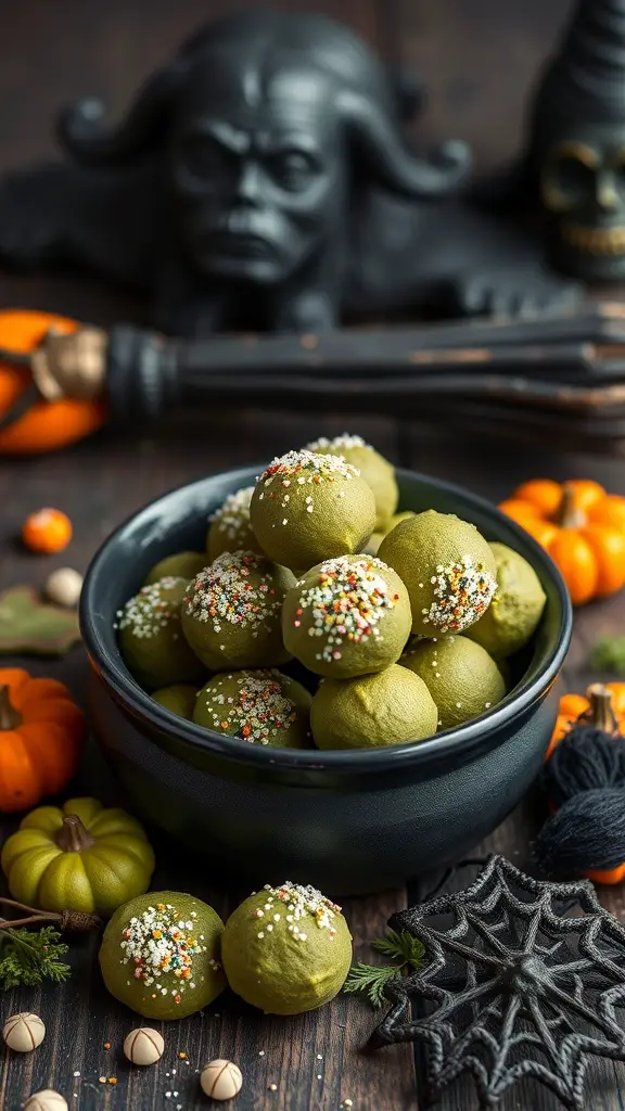 A bowl of green matcha truffles decorated with colorful sprinkles, surrounded by Halloween-themed decorations.