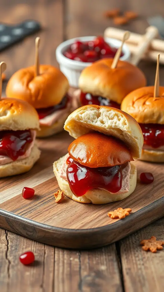 Mini turkey and cranberry sliders on a wooden platter