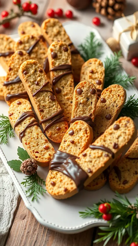 A plate of holiday biscotti with chocolate drizzle, garnished with pine and festive decorations.