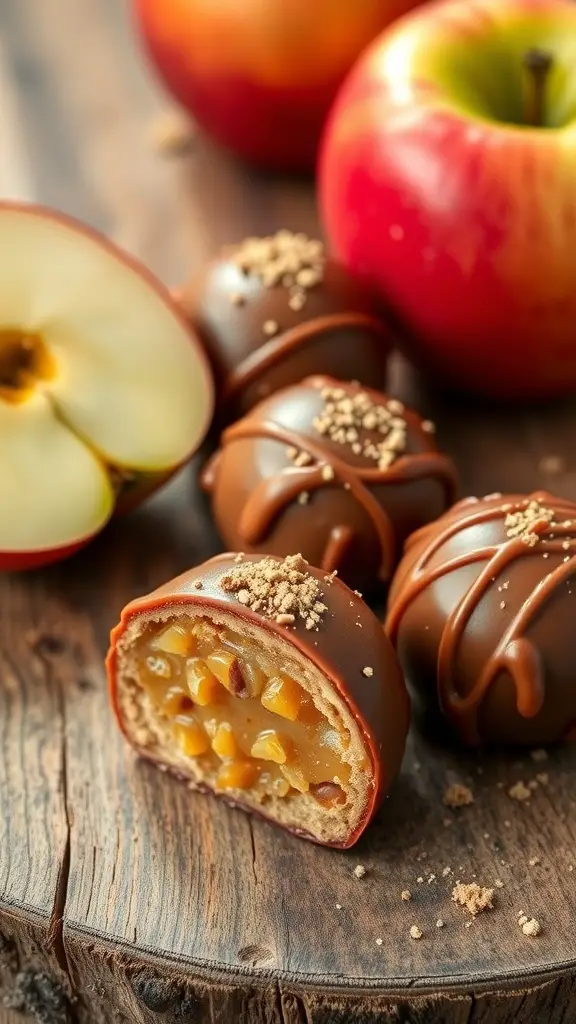 Delicious caramel apple truffles on a wooden surface with fresh apples.