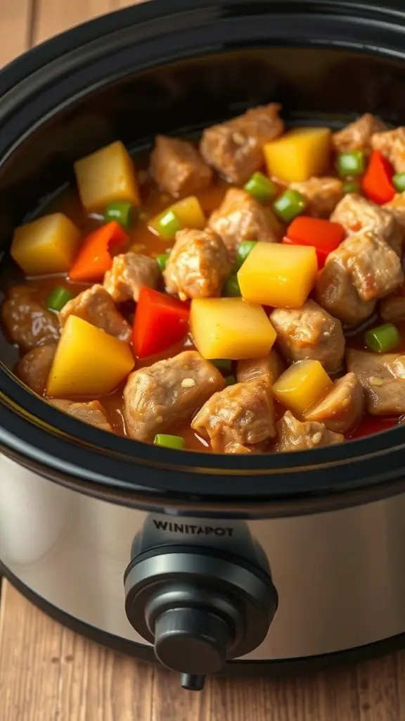 Crockpot filled with sweet and sour pork, featuring pork pieces, bell peppers, and pineapple chunks.