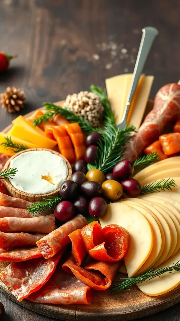 A beautifully arranged holiday-themed antipasto platter featuring cured meats, cheeses, olives, and seasonal garnishes.