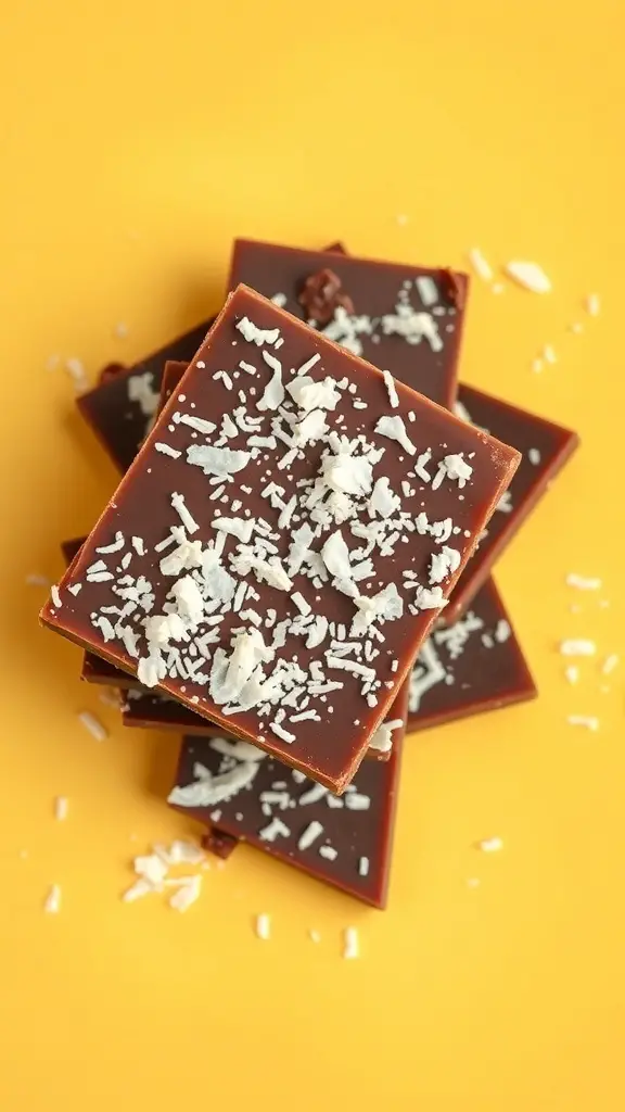 Vegan coconut chocolate bark on a yellow background