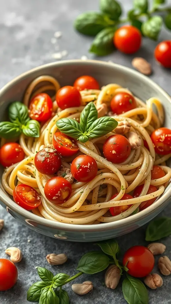 A bowl of creamy pesto pasta topped with cherry tomatoes and fresh basil leaves.