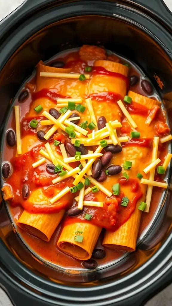 Crockpot sweet potato and black bean enchiladas with cheese and green onions