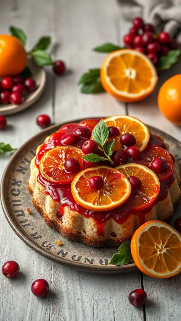 A beautifully decorated cranberry orange upside-down cake topped with fresh cranberries and orange slices.