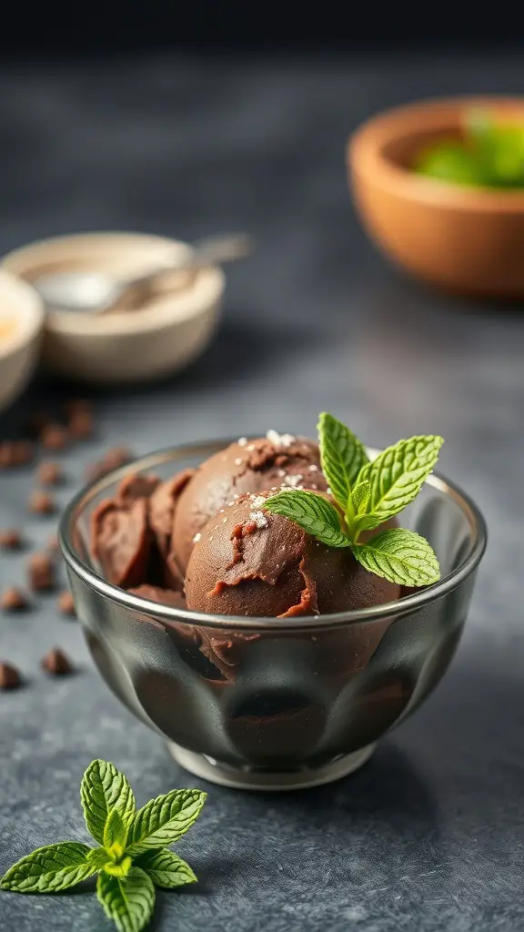 Bowl of dark chocolate sorbet with mint leaves