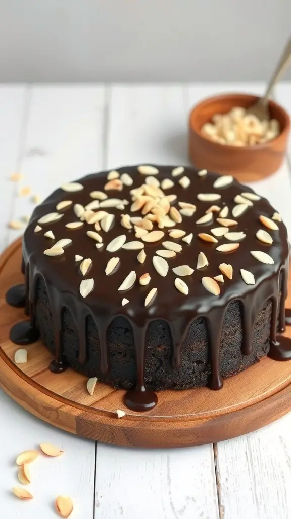 A dark chocolate almond cake topped with chocolate ganache and almond slices.