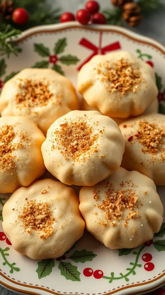 A plate of eggnog cookies with nutmeg sprinkles, decorated with holiday-themed accents.