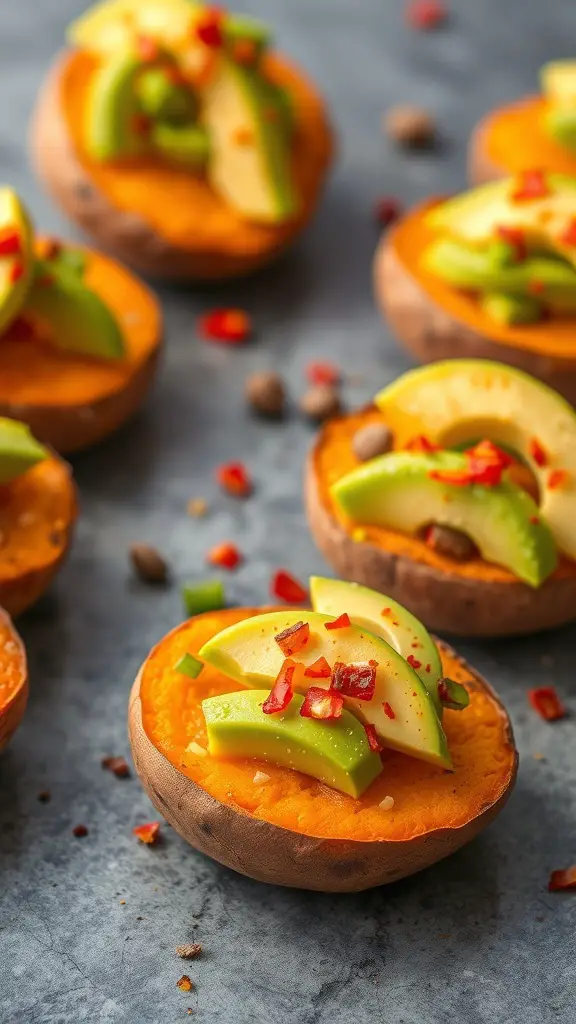 Sweet potato bites topped with avocado and garnished with peppers and spices.