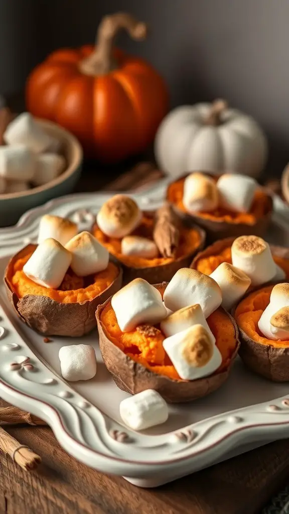 Sweet potato bites topped with marshmallows on a decorative platter