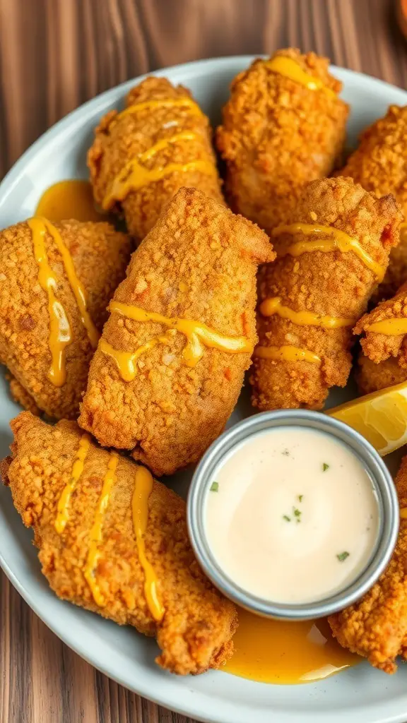 Plate of honey mustard chicken tenders drizzled with sauce and served with a dipping sauce.