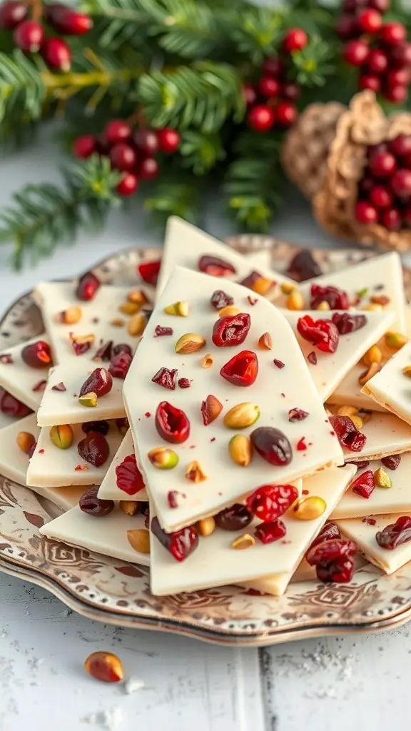 A plate of white chocolate cranberry bark topped with nuts and cranberries, surrounded by festive decorations.