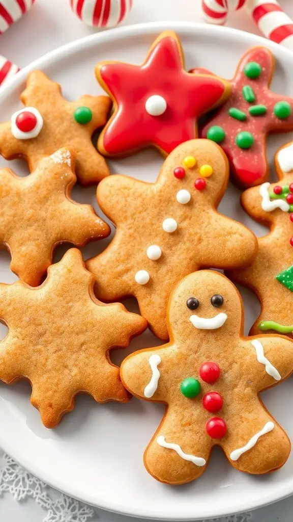 A plate of decorated gingerbread cookies in various shapes, including stars and gingerbread men, with colorful icing and candies.