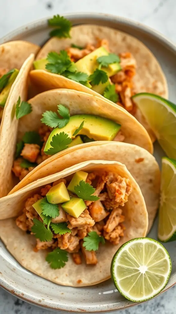 Turkey tacos with avocado salsa on a plate, garnished with lime.
