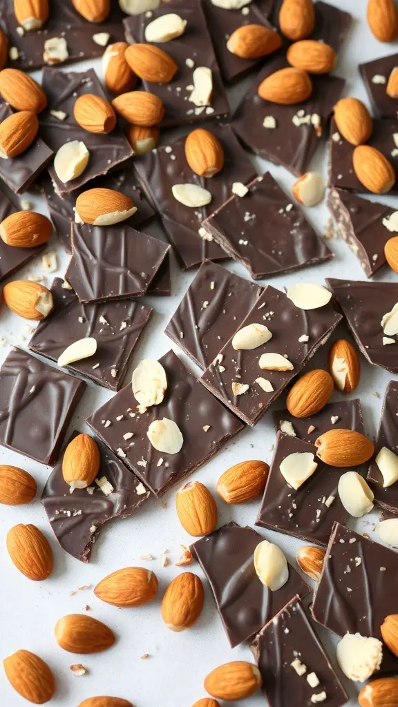 Dark chocolate almond bark pieces scattered with whole and sliced almonds
