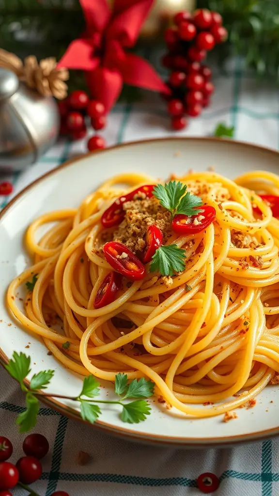 A plate of spaghetti aglio e olio garnished with chili flakes and parsley, set against a festive background.
