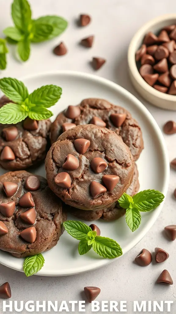 Plate of chocolate mint no-bake cookies with mint leaves and chocolate chips