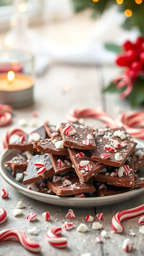 A plate of chocolate peppermint bark topped with crushed candy canes and white chocolate, surrounded by festive decorations.