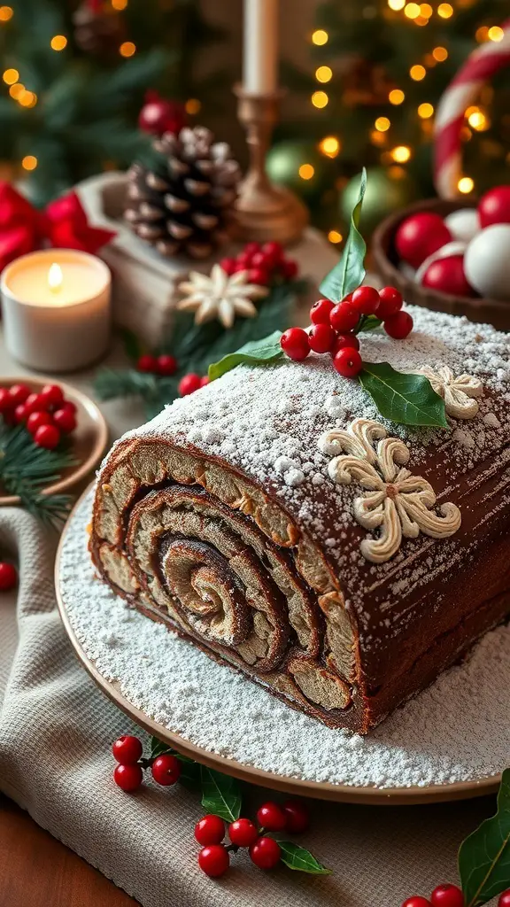 A beautifully decorated Yule Log Cake with powdered sugar, red berries, and green leaves, set against a cozy holiday backdrop.