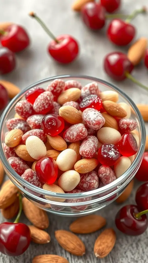 A bowl filled with cherry almond hard candy, surrounded by fresh cherries and almonds.