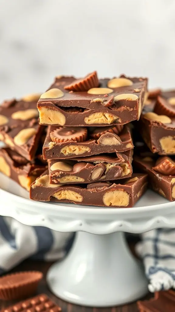 A stack of peanut butter cup bark pieces on a white cake stand, showcasing the chocolate and peanut butter layers.