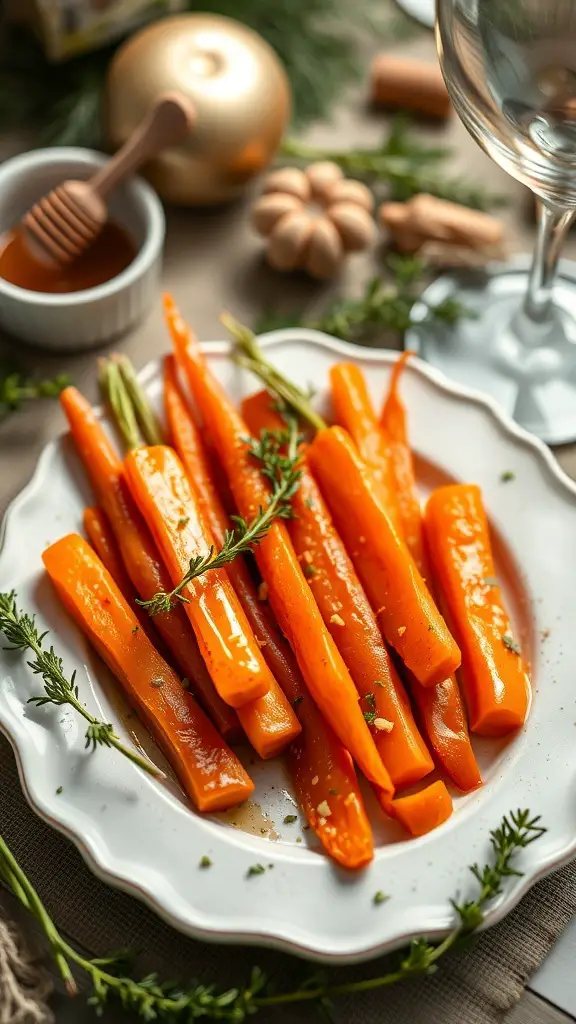 A plate of honey-glazed carrots garnished with thyme, surrounded by festive decorations.