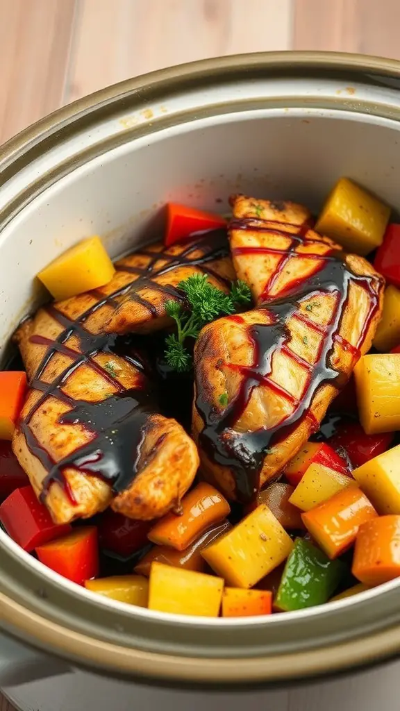 Balsamic glazed chicken with colorful vegetables in a crockpot