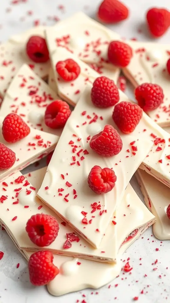 White Chocolate Raspberry Pretzel Bark with fresh raspberries and red sprinkles