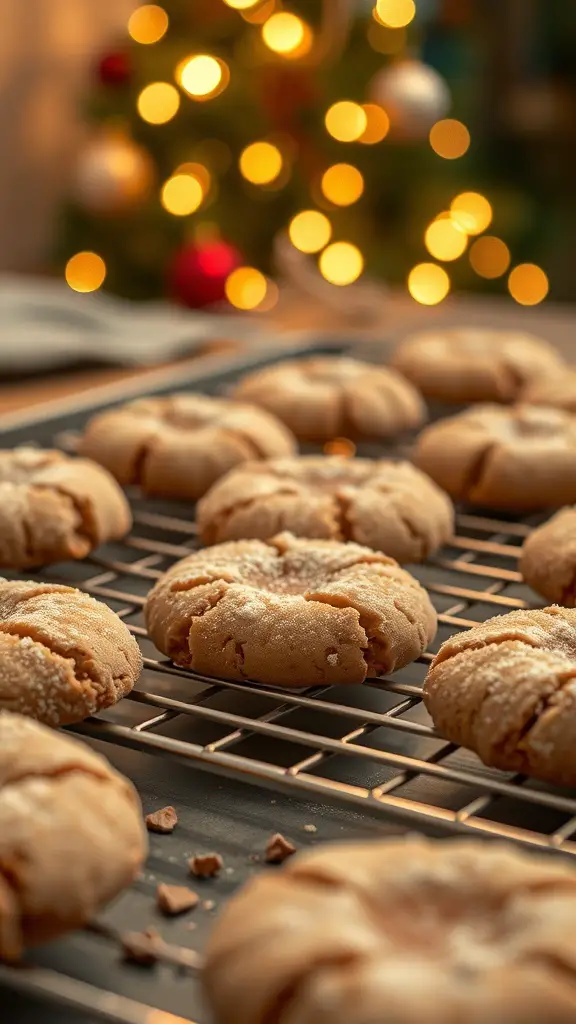 Freshly baked snickerdoodle cookies on a cooling rack with a Christmas tree in the background