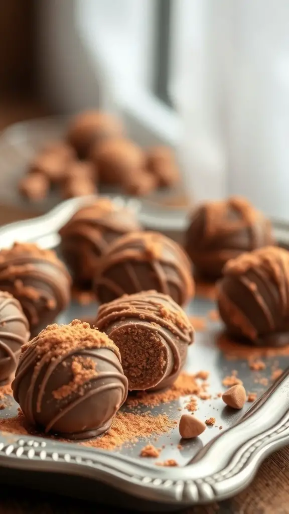 A plate of hazelnut chocolate truffles, some with a bite taken out, showcasing their creamy interior.