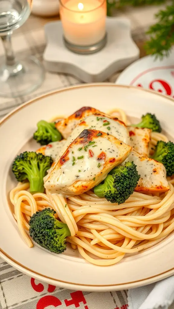 A plate of Alfredo pasta with grilled chicken and broccoli, garnished and served with a candle in the background.