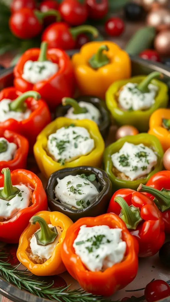 A platter of colorful stuffed mini peppers filled with cream cheese and herbs, surrounded by festive decorations.
