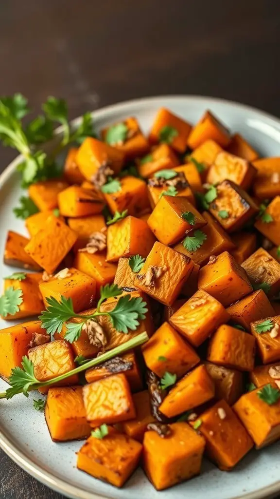 A plate of spicy roasted sweet potatoes garnished with cilantro.