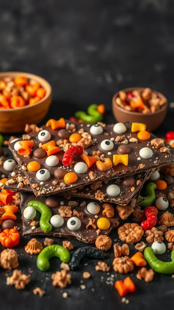 Colorful Halloween chocolate bark topped with various candies