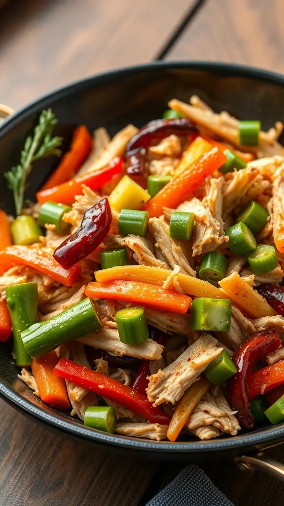 A vibrant turkey and vegetable stir-fry with colorful bell peppers and green onions.