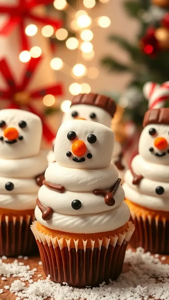 Festive snowman cupcakes decorated with frosting and candy