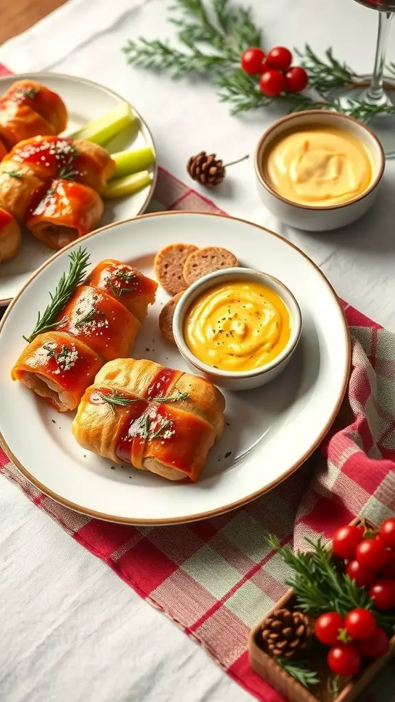 Pigs in a blanket served with mustard dip, celery, and crackers on a festive table.