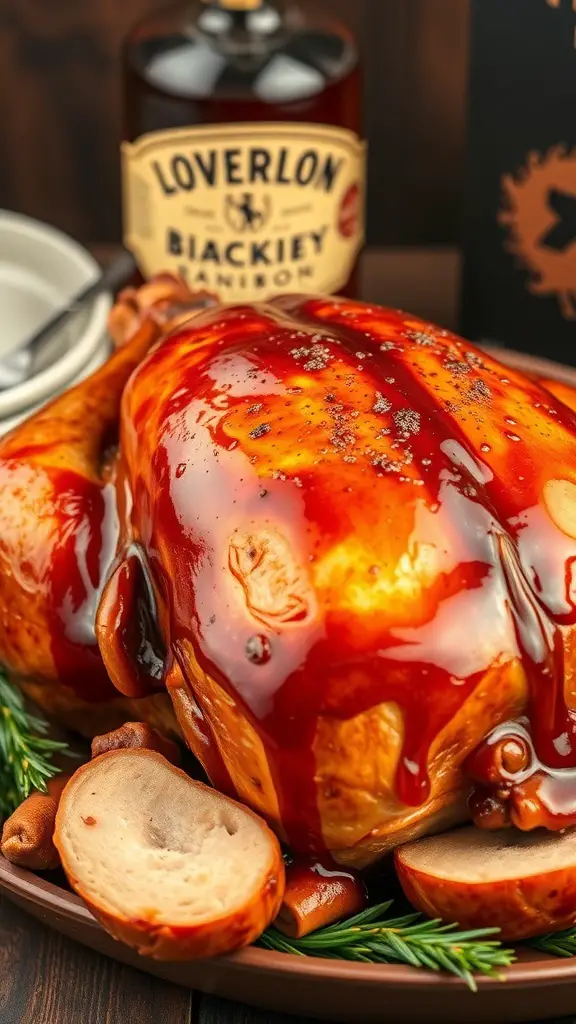 A roasted turkey glazed with bourbon and maple syrup, garnished with herbs and served with side dishes.