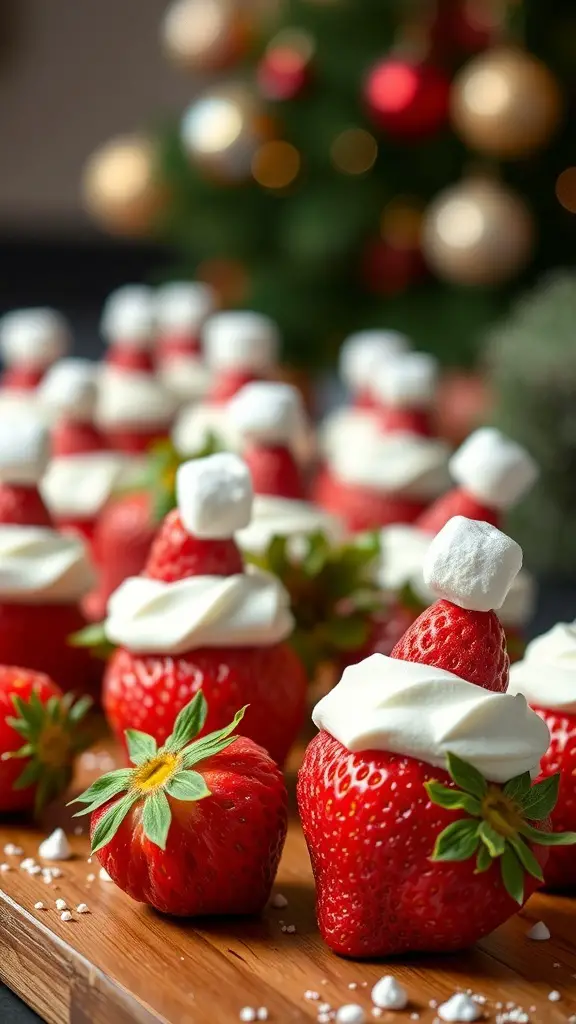 A plate of Santa Hat Strawberry Bites decorated with whipped cream and mini marshmallows.