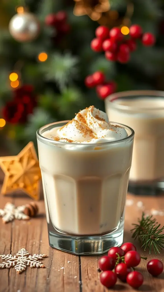 A glass of eggnog chia pudding topped with whipped cream and nutmeg, surrounded by festive decorations.