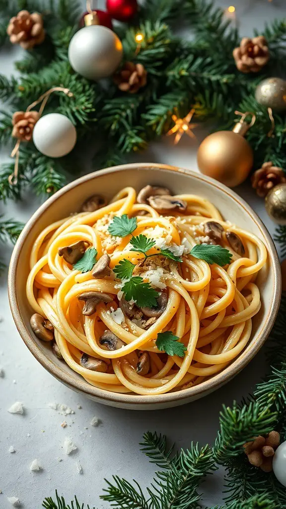 A bowl of creamy garlic mushroom fettuccine surrounded by festive decorations.