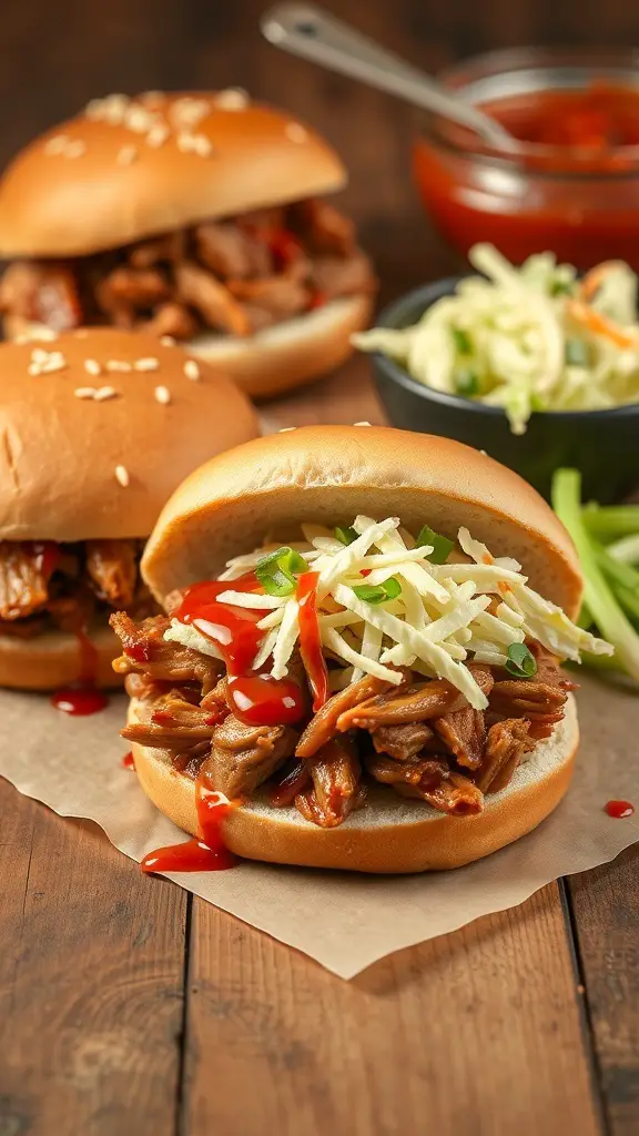 BBQ pulled pork sandwiches with toppings on a wooden table