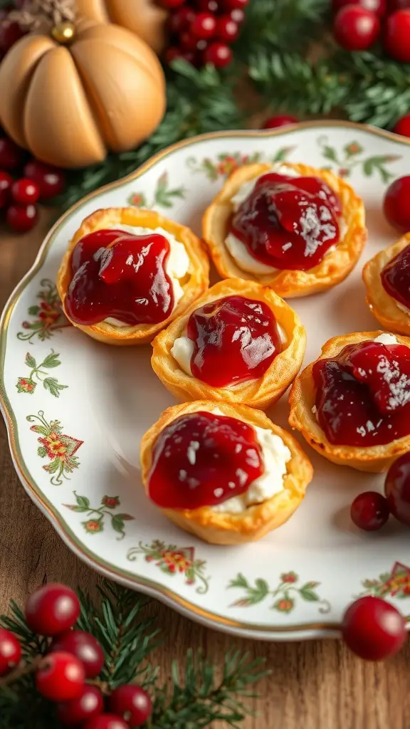 A plate of cranberry brie bites topped with cranberry sauce, surrounded by festive decorations.